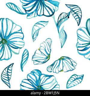 Florales Aquarell Nahtloses Muster. Moderne handgezeichnete blaue Gänseblümchen und Blätter in Aquarelllinien und Silhouetten. Design für Hintergründe, Abdeckungen, Karten Stockfoto