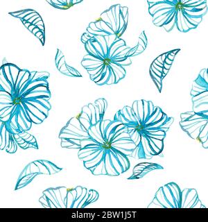 Florales Aquarell Nahtloses Muster. Moderne handgezeichnete blaue Gänseblümchen und Blätter in Aquarelllinien und Silhouetten. Design für Hintergründe, Abdeckungen, Karten Stockfoto