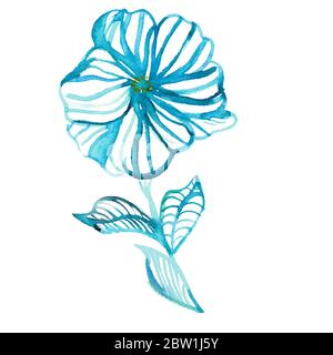 Florales Aquarell Nahtloses Muster. Moderne handgezeichnete blaue Gänseblümchen und Blätter in Aquarelllinien und Silhouetten. Design für Hintergründe, Abdeckungen, Karten Stockfoto