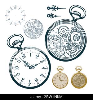 Taschenuhr. Handgezeichnete Taschenuhr Vektor-Illustrationen Set. Skizze Zeichnung alte Uhr Symbole gesetzt. Stock Vektor