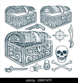 Schatz. Piraten Schatzkiste und verschiedene Attribute Illustrationen Set. Pirate symbolische Vintage-Stil Zeichnung. Teil des Sets. Stock Vektor