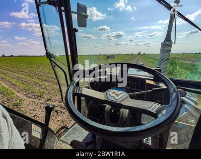 Armaturenbrett des Traktors im Feld Stockfoto