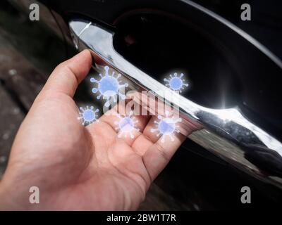 Handgriff an der Autotür mit Viren, die herumschwimmen. Virus-Infektion verbreiten Krankheit Konzept. Stockfoto