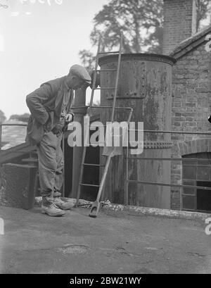 Ein Mann hält Kent Dorf mit Gas versorgt. Betreibt Gaswerke, schaufelt Kohle und macht Reparaturen und Lieferungen. Bird Away in der Mitte aller Hütten und Wälder, direkt vor dem malerischen Kent Dorf Goudhurst, ist ein Gaswerk, das vollständig von einem Mann, Herr Arthur Fisher geführt wird. Herr Fisher schaufelt jeden Tag mehrere Tonnen Kohle in den Ofen, um die 15,000 ft.Â³ Gas benötigt, Wagen weg die Cola, wäscht sie, Saxophon, es, und sogar liefert es selbst. Der kleine Pumpmotor, der das Gas an die Verbraucher liefert, um Tag und Nacht in Betrieb zu bleiben. Neben der Teilnahme an diesem Bericht ist auch Herr Fisher anwesend Stockfoto