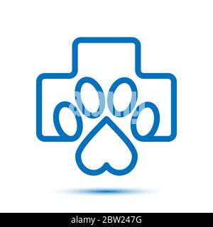Veterinary-Logo. Vektorgrafik isolieren. PET clinique Logo mit medizinischem Kreuz, Herz und PET Pud Form Kombination. Modernes Branding-Design. Gut Stock Vektor