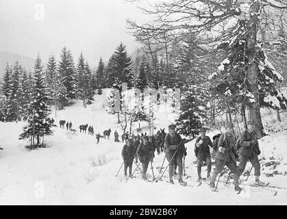 Deutsche Armee auf Wintermanövern. Barvarische Truppen auf Skiern mit einer leichten Maultiersäule, die durch das bergige Land zieht. 12 Februar 1931 Stockfoto