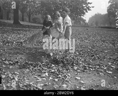 Drei junge Schwestern im Hyde Park haben sich mit Besen begibt, um den Teppich der Herbstblätter wegzufegen. Oktober 1937. Stockfoto