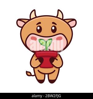 Niedlicher kleiner Stier hält einen Topf Sproß. Die Kuh ist im Garten. Vektorgrafik. Witziges Logo. Niedliche kindliche Bild mit kleinen Stier, Kuh, Tauru Stock Vektor