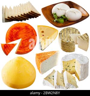 Sammlung von verschiedenen harten und weichen Käse auf weißem Hintergrund isoliert Stockfoto