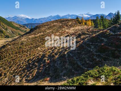 Sonnige idyllische Herbstalpenszene. Ruhiger Alpenblick vom Wanderweg von Dorfgastein zu Paarseen, Land Salzburg, Österreich. Stockfoto