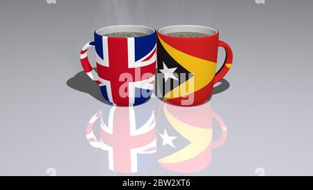 GROSSBRITANNIEN UND OSTTIMOR auf einer Tasse heißen Kaffee auf dem Boden gespiegelt in einer 3D-Illustration mit realistischen Perspektive und Schatten platziert Stockfoto