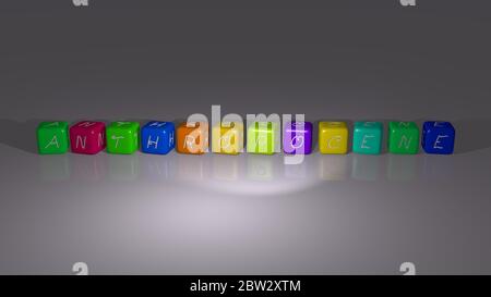 Kombination von Anthropozän aus kubischen Buchstaben aus der oberen Perspektive, hervorragend für die Konzeptpräsentation. 3D-Illustration Stockfoto