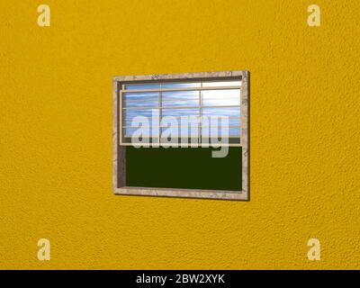 Schiebefenster aus Stein und Holz auf dunkelorange Wand geöffnet nach außen Gras und blauen Himmel mit Lichtreflexion. 3D Stockfoto