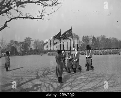 Prince of Wales inspiziert sein Regiment am St. Davids Tag in Aldershot. Der Prinz von Wales inspiziert die 1. Bataillon Walisische Garde, von denen er Oberst in ihrer Kaserne in Aldershot am St. Davids Tag. Der Prinz von Wales grüssend die regimentalen Farben, wie sie an ihm auf dem Paradeplatz getragen wurden. März 1932 Stockfoto