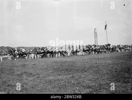 Grand Prix von Frankreich gewonnen von Strip The Willow . Das Grand Prix Rennen in Longchamps wurde von <r A J Duggans Strip The Willow mit Lord Derby 's Satrap zweite und Fog Horn dritten gewonnen. Strip The Willow gewinnt den Grand Prix in Longchamps . 27 Juni 1932 Stockfoto