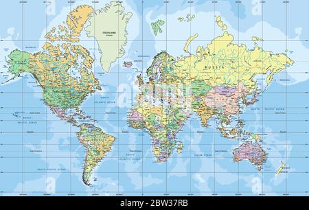 Politische Weltkarte in Mercator Projektion. Stock Vektor