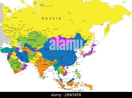 Bunte politische Landkarte Asiens mit klar gekennzeichneten, getrennten Schichten. Vektorgrafik. Stock Vektor