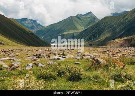 Blick auf ein bergiges Tal in der Region Kazbegi, Georgien Stockfoto