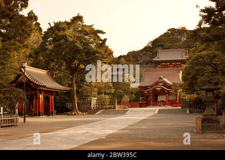 Kamakura, Präfektur Kanagawa, Großraum Tokio, Japan - die traditionelle Architektur des Tsurugaoka Hachimangu Schreines. Stockfoto