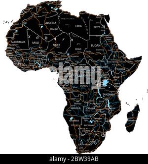 Detaillierte Afrika-Straßenkarte mit Beschriftung - Schwarz. (Deutlich auf getrennten Ebenen gekennzeichnet) Stock Vektor
