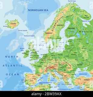 Detaillierte Europa-Karte mit Kennzeichnung. Stock Vektor