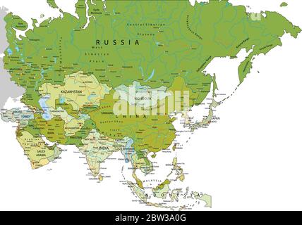 Sehr detaillierte editierbare politische Karte mit getrennten Ebenen. Asien. Stock Vektor