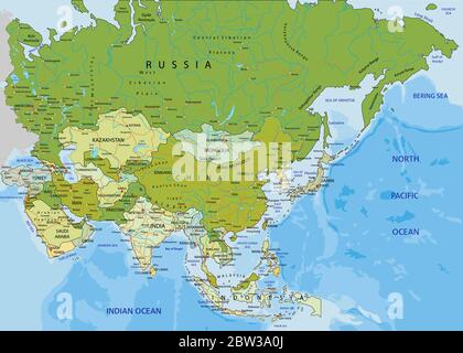 Sehr detaillierte editierbare politische Karte mit getrennten Ebenen. Asien. Stock Vektor