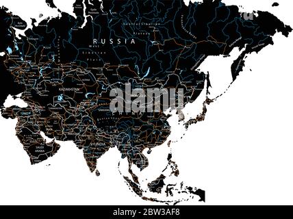Detaillierte Asien Straßenkarte mit Beschriftung - Schwarz. (Deutlich auf getrennten Ebenen gekennzeichnet) Stock Vektor