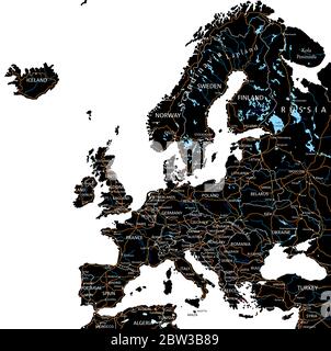 Detaillierte Europa-Straßenkarte mit Beschriftung - Schwarz.(deutlich auf getrennten Schichten gekennzeichnet) Stock Vektor