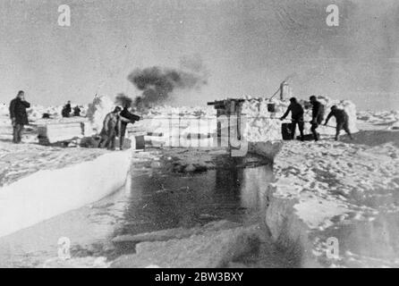 SS Chelyuskin, ein sowjetisches Dampfschiff, das auf einer Expedition durch Polareis entlang der nördlichen Seeroute von Murmansk nach Wladiwostok navigieren geschickt wurde, ist während der Navigation in arktischen Gewässern eisgebunden. Im September wurde er in den Eisfeldern gefangen. Danach trieb sie in der Eisschicht, bevor sie am 13. Februar 1934 in der Nähe der Koljuchin-Insel im Tschuktschen Meer niederging. Die Besatzung gelang es, auf das Eis zu entkommen und baute eine provisorische Flugbahn mit nur wenigen Spaten, Eisschaufeln und zwei Brechstangen, die bei der Rettung der Besatzung geholfen. 53 Männer gingen hinüber Stockfoto