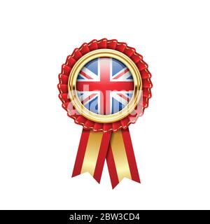 Rote Rosette mit Flagge Großbritanniens in Gold, Auszeichnung oder Gütezeichen Stock Vektor