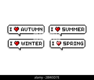 Pixel Art Sprechblasen Set sagen, ich liebe Sommer/Herbst/Winter/Frühling - isolierte Vektor-Illustration Stock Vektor