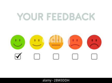 Set von Emoticons farbige Skala Feedback und überprüfen. Traurig und glücklich Stimmung - isolierte Vektor-Illustration Stock Vektor