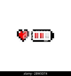 Pixel Art Herz und Batterie rotes Symbol 8-Bit - isolierte Vektor-Illustration Stock Vektor