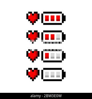 Pixel Art Herz und Batterie rotes Symbol 8-Bit - isolierte Vektor-Illustration Stock Vektor