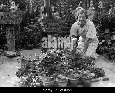 East London Garten gewinnt den ersten Preis , unter £60 , 000 Teilnehmer . Obwohl es in einer belebten Durchgangsstraße, Corporation Street, Stratford. Miss Lillian Whyatt hat den ersten Preis von 60 gewonnen, 000 Teilnehmer in der London Gardens Society ' s jährlichen Wettbewerb. Foto zeigt, Miss Lillian Whyatt bei der Arbeit in ihrem preisgekrönten Garten. September 1935 Stockfoto