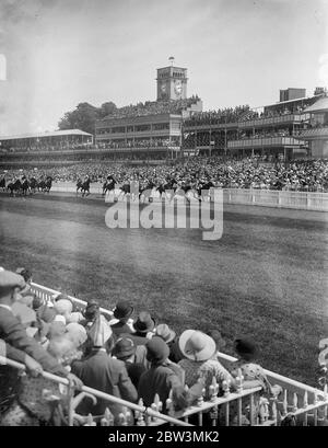 Guinea Gap gewinnt Royal Hunt Cup Guinea Gap , im Besitz von Lady Nuttall , gewann den Royal Hunt Cup in Ascot . Voltus war zweiter und Rosecrag Dritter. Foto zeigt: EINE allgemeine Ansicht des Zieles des Rennens. 17 Juni 1936 Stockfoto