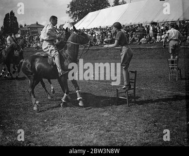 Ausgefallenes Kleid Steeplechase bei Haywards Heath! Fotoausstellungen: In ausgefallenen Kostümen nimmt Miss Sheila Price ihr Pony Polymint über die Hürden in einem grandiosen Sprung während des Kostümrennens bei der Haywards Heath Horticultural Society' s Sommershow im Victoria Park, Haywards Heath, Sussex. Im Rennen, das war eine der Neuheiten der berittenen Veranstaltungen in der Show, alle Fahrer hatten volle Phantasie Kleid für die Hindernislauf tragen. Juli 1936 Stockfoto