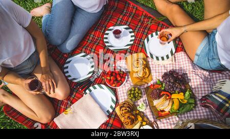 Drei Mädchen picknicken mit gehacktem Fleisch und Käse, Obst, Trauben, Erdbeeren und Brötchen mit Gläsern Wein auf einem rot karierten.Picknicktuch Stockfoto