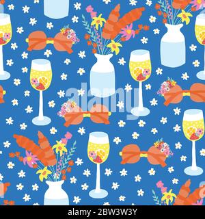 Sommer Garten Party nahtlose Vektor-Muster. Wein Cocktail, Vase mit Blumen und Sonnenbrille wiederholen Hintergrund. Wildblumen und Trinkglas Stock Vektor