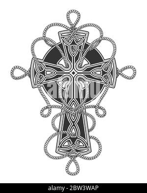 Keltisches Kreuz von Seilen Tattoo in Gravur Stil umschlungen. Vektorgrafik. Stock Vektor