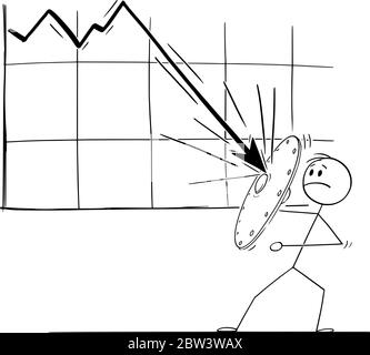 Vektor Cartoon Stick Figur Zeichnung konzeptionelle Illustration von Mann oder Geschäftsmann mit Schild, um die rückläufige Wirtschafts- oder Finanzgrafik zu widerstehen. Konzept der Rezession oder Krise. Stock Vektor