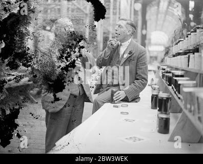 Honey Judging auf der Crystal Palace Show. Dr. John Anderson (mit Brille) und Herr G W Ellis beurteilen Honig. Oktober 1935 Stockfoto