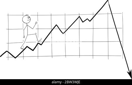 Vektor Cartoon Stick Figur Zeichnung konzeptionelle Illustration von Mann, Investor oder Geschäftsmann glücklich zu Fuß auf steigende oder wachsende Finanzgrafik, ignorieren eingehende Krise oder Rezession. Stock Vektor