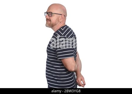 Porträt eines Mannes im Profil und Blick auf die Seite auf weißem Hintergrund Stockfoto