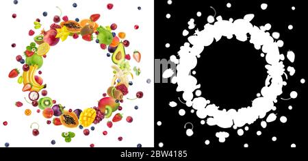 Rahmen aus Früchten und Beeren mit Alphakanal Stockfoto