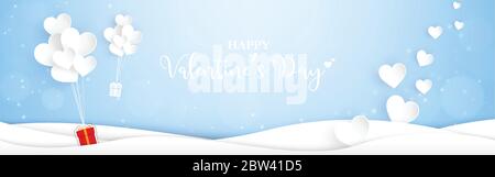 Valentinstag Hintergrund mit Herz Ballon der Geschenkbox in Papier geschnitten Stil. Horizontaler Hintergrund für Tapete, Einladung, Poster, Banner, Stock Vektor