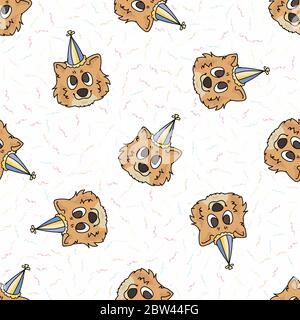 Hand gezeichnet niedlichen pommern Welpen Gesicht mit Party Hut nahtlose Vektor-Muster. Reinrassige Stammbaum Haushund Feier Hintergrund. Hundeliebhaber spitz Stock Vektor