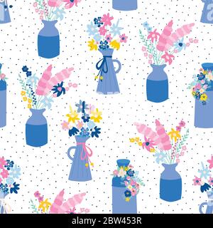 Vase mit Blumen nahtlose Vektor-Muster. Sich wiederholende Hintergrund Blumenvasen mit Frühling und Sommer Wildblumen. Für Stoff, Verpackung, Tapete Stock Vektor