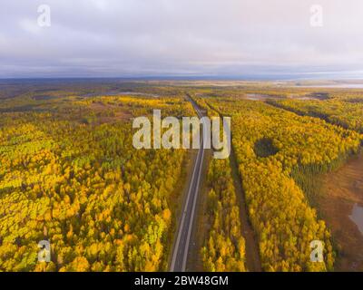 Alaska Route 3 aka George Parks Highway und Alaska Landschaft Luftaufnahme im Herbst mit dem Morgenlicht, im Süden des Denali State Park, USA. Stockfoto